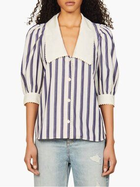 SANDRO Paris Chiara Stripe Cotton Puff Sleeve Blouse Shawl Collar Trim M ($218)